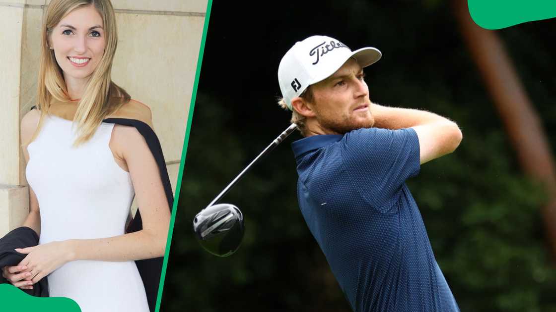 Will Zalatoris' wife, Caitlin Sellers (L). The golfer at the Accordia Golf Narashino Country Club in 2024 (R)