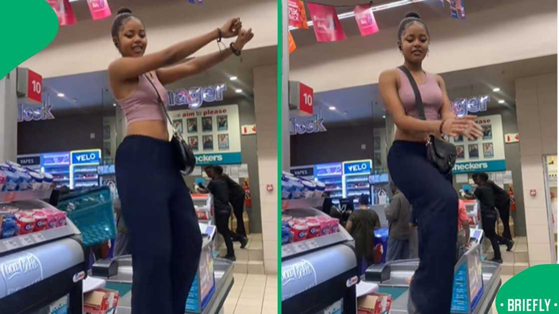 The visual on the right captured her dancing on top of a till counter with people watching The visual on the right captured her dancing on top of a till counter with people watching