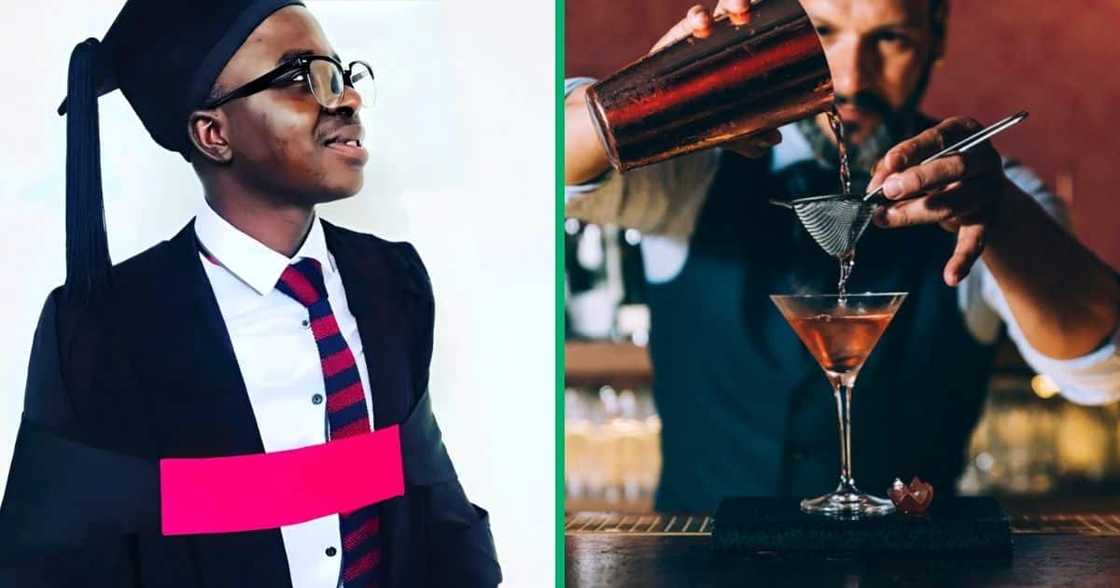 A North-West University psychology cum laude graduate shared a TikTok video on how he ended up working as a bartender. A North-West University psychology cum laude graduate shared a TikTok video on how he ended up working as a bartender.