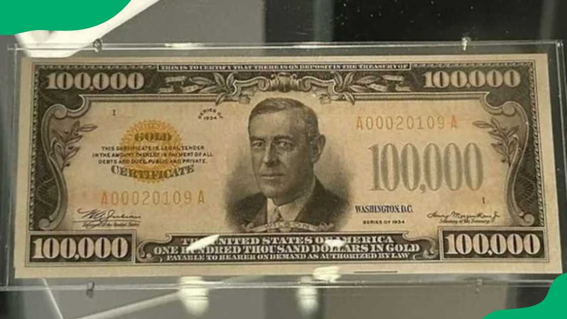 The $100,000 bill features the portrait of President Woodrow Wilson.