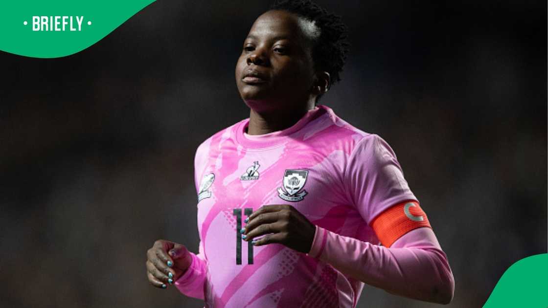 Thembi Kgatlana of South Afrcia celebrates her goal during the Women's international friendly between England and South Africa at The Coventry Building Society Arena on October 29, 2024 in Coventry, England.