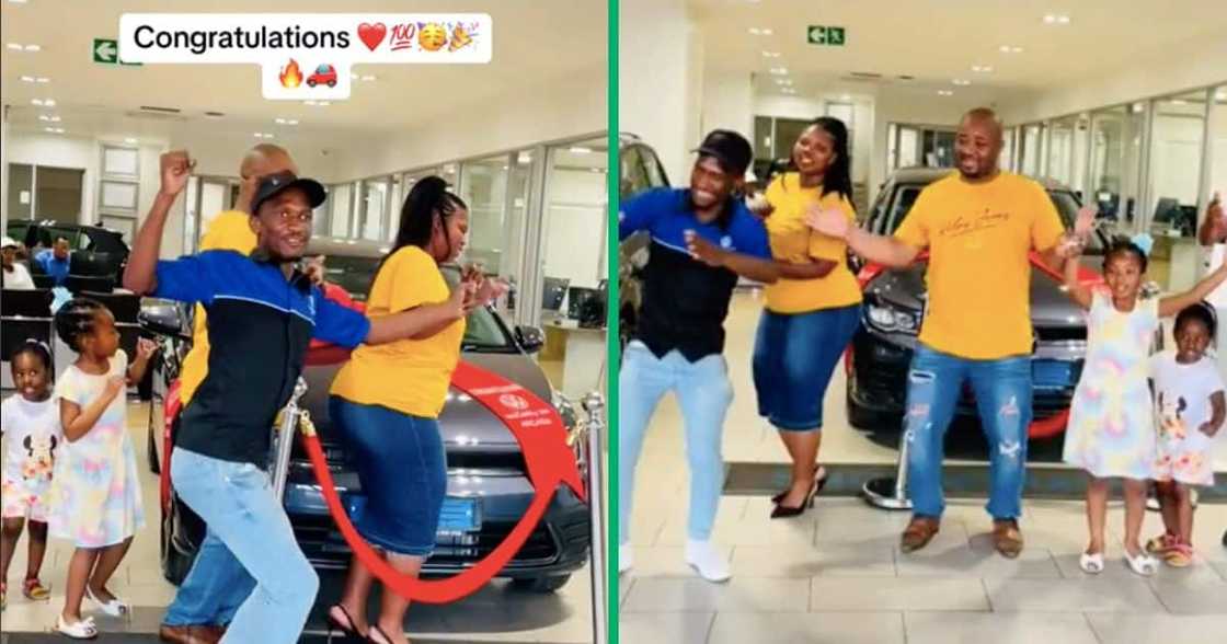 A car salesman dances with his customers who got a car