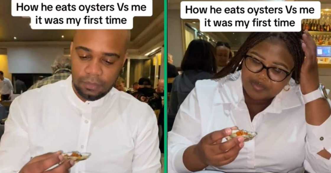 Woman stressed as she attempts to eat oysters Woman stressed as she attempts to eat oysters