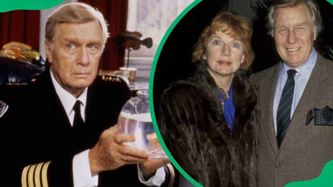George Gaynes holds some water in a glass (L). Actor George Gaynes and Allyn Ann McLerie at Spago Restaurant in California George Gaynes holds some water in a glass (L). Actor George Gaynes and Allyn Ann McLerie at Spago Restaurant in California
