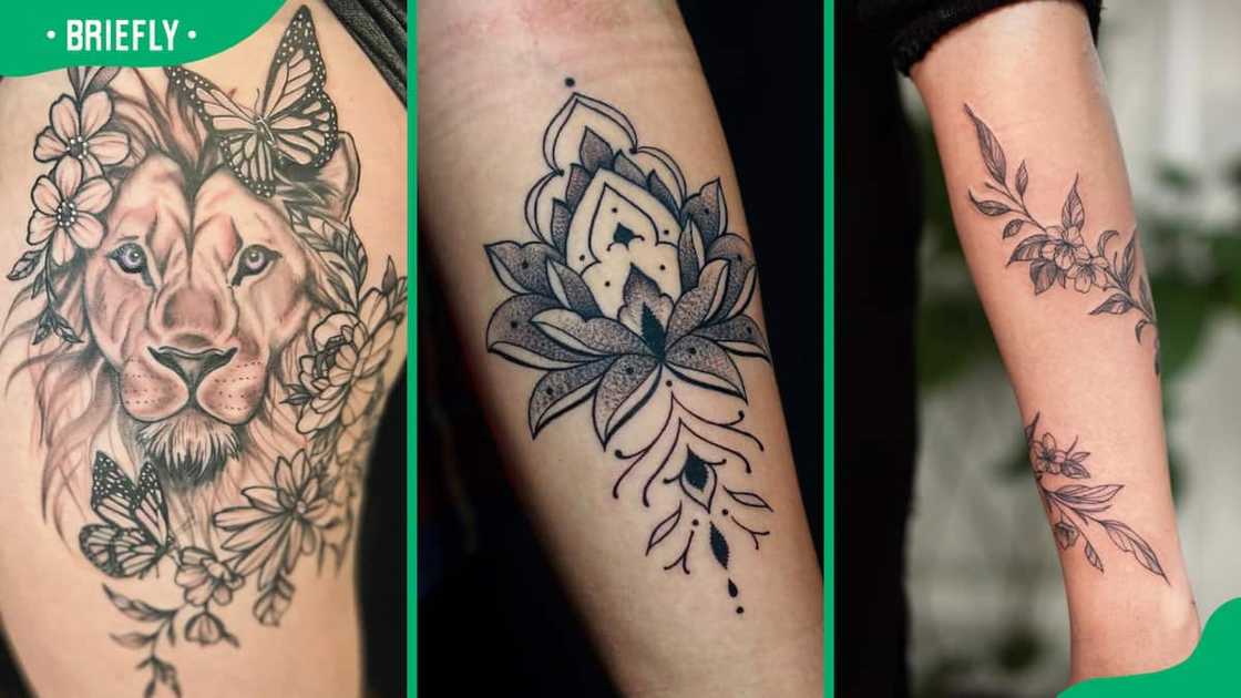 Lion flower (L), mandala lotus (C) and flower vine tattoo (R) Lion flower (L), mandala lotus (C) and flower vine tattoo (R)