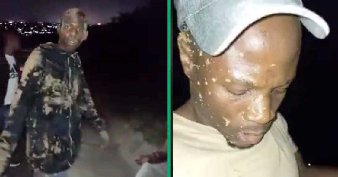 Two men were covered in dirt after they got into an accident Two men were covered in dirt after they got into an accident