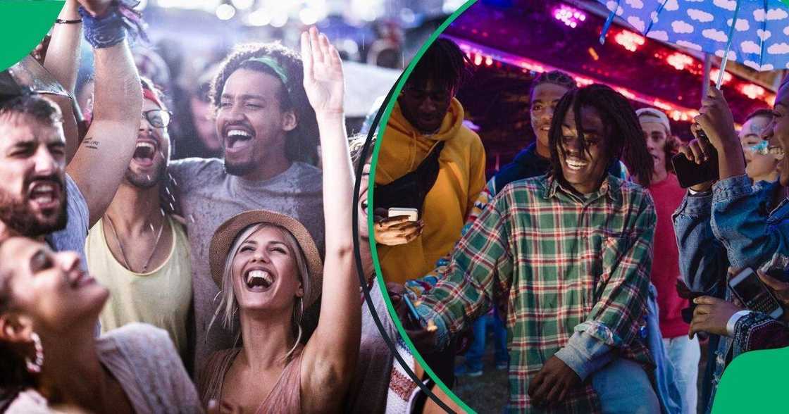 People who attended a concert did not let rainy weather ruin their fun. People who attended a concert did not let rainy weather ruin their fun.