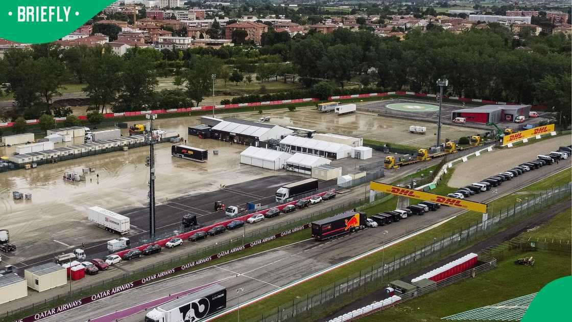 A panoramic view shows the Imola racetrack on 18 May 2023, after heavy rains caused flooding A panoramic view shows the Imola racetrack on 18 May 2023, after heavy rains caused flooding