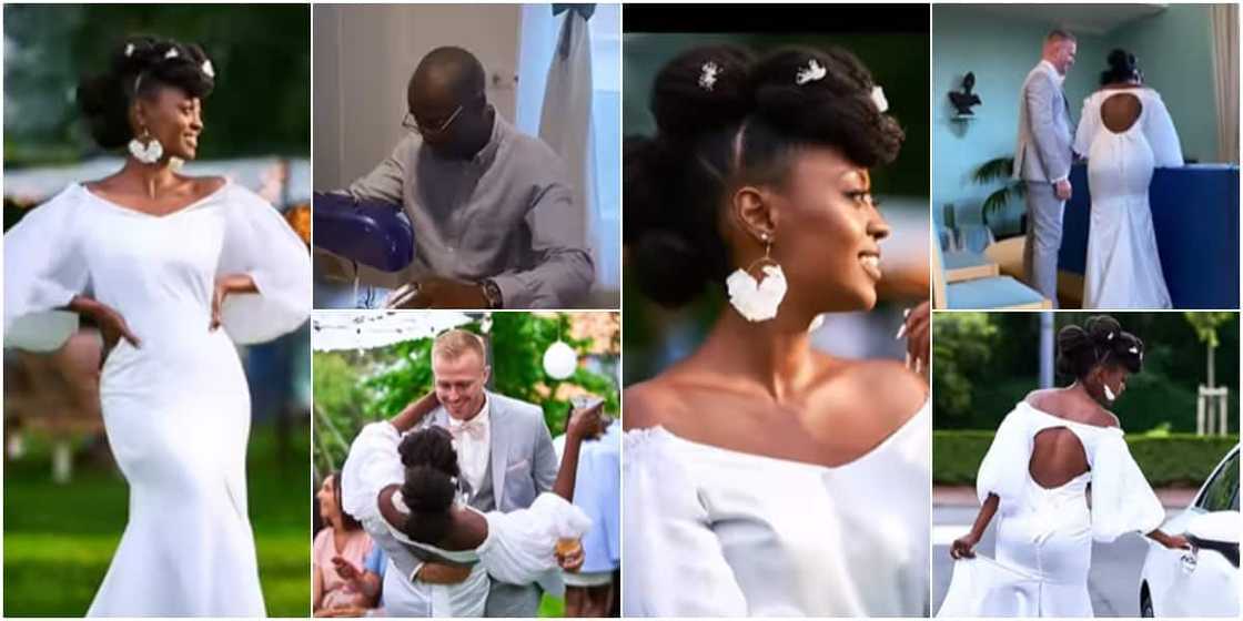 The beautiful bride's wedding gown was sewn by her father The beautiful bride's wedding gown was sewn by her father