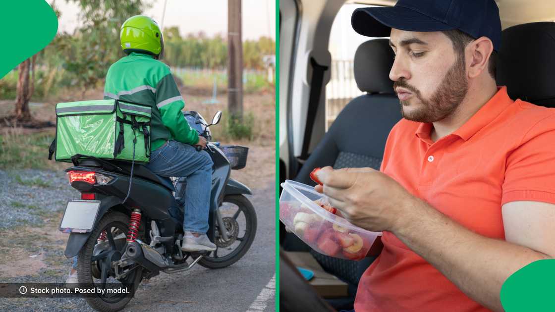 People across Mzansi couldn't believe that a delivery driver was eating from someone's order. People across Mzansi couldn't believe that a delivery driver was eating from someone's order.