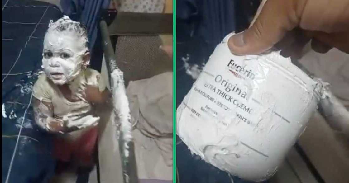 A little child smeared Eucerin cream all over her body. A little child smeared Eucerin cream all over her body.