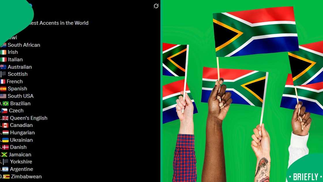 The picture on the right showed interracial hands holding South African flags up high
