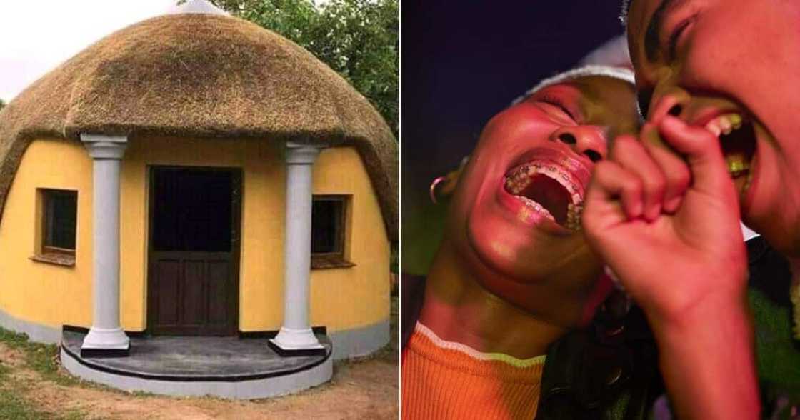 viral, photo, hut, pillars, yellow, thatched roof house, laughter, windows, humour, traditional