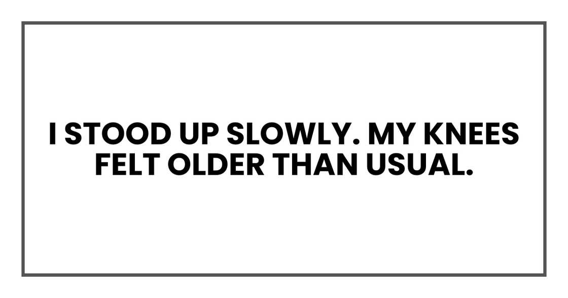 I stood up slowly. My knees felt older than usual. I stood up slowly. My knees felt older than usual.