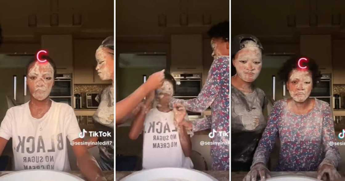 TikTok user @sesinyinaledi17 and her two friends ended up with faces full of flour TikTok user @sesinyinaledi17 and her two friends ended up with faces full of flour