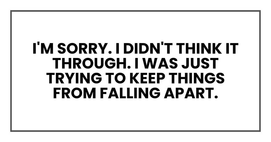 I'm sorry. I didn't think it through. I was just trying to keep things from falling apart. I'm sorry. I didn't think it through. I was just trying to keep things from falling apart.