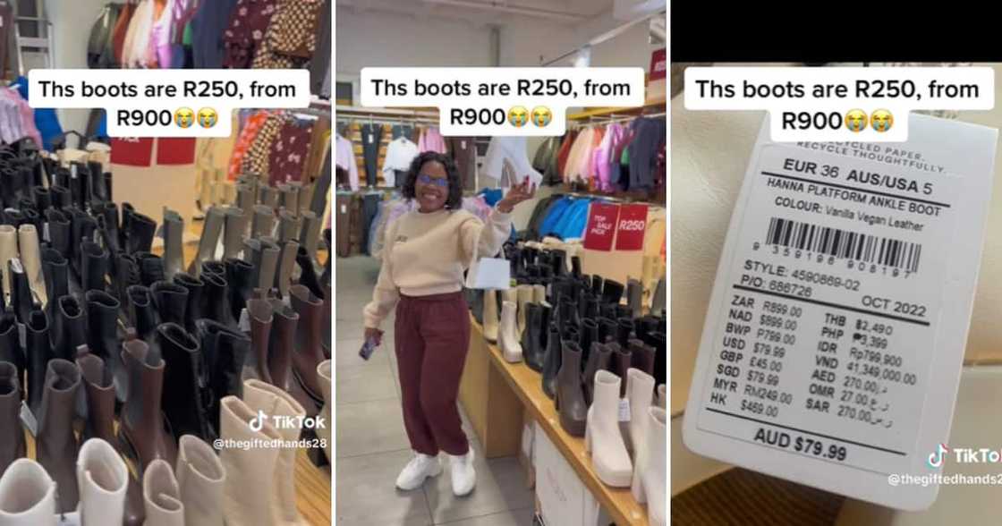 TikTok user @thegiftedhands28 shared a video showing the Cotton On boots she got for R250 TikTok user @thegiftedhands28 shared a video showing the Cotton On boots she got for R250