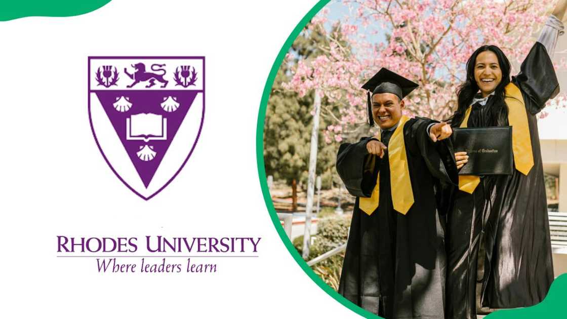 The Rhodes University logo and a happy man and a woman on their graduation day