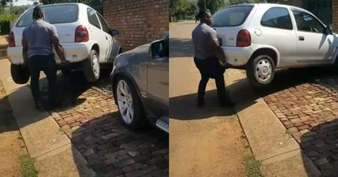 Man, caught in video, picking up car, parked him in, Corsa Lite, strength, shocking, Mzansi reacts Man, caught in video, picking up car, parked him in, Corsa Lite, strength, shocking, Mzansi reacts