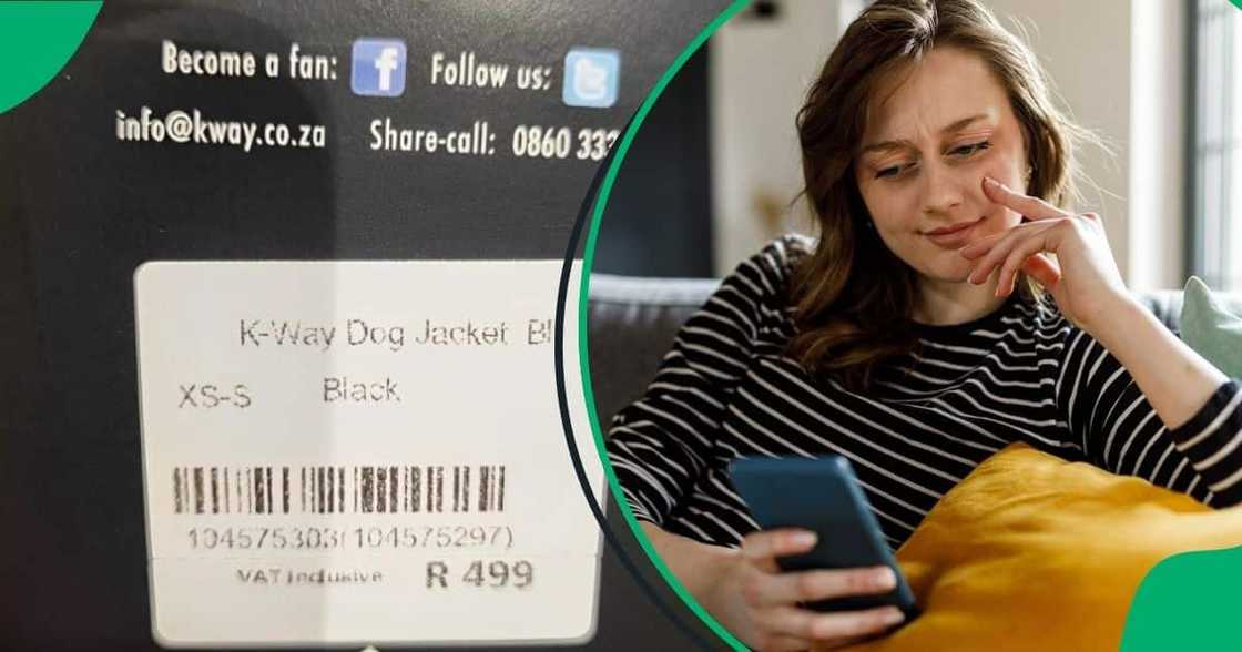 A label showing the price of a K-Way dog jacket, and a woman curiously looking at her phone.