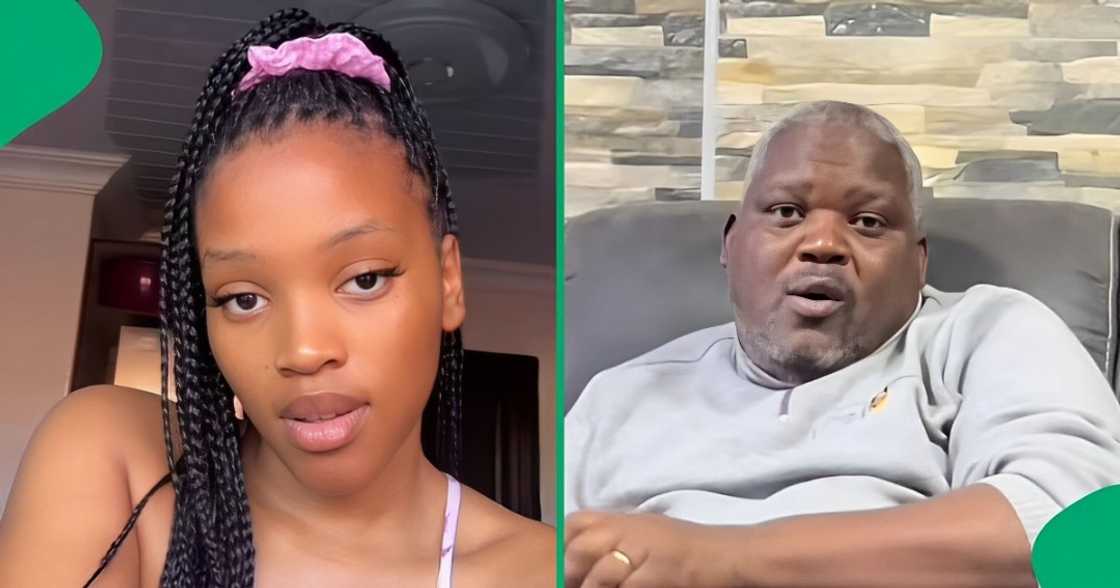 A TikTok video shows a woman styling her wig on her father's head.