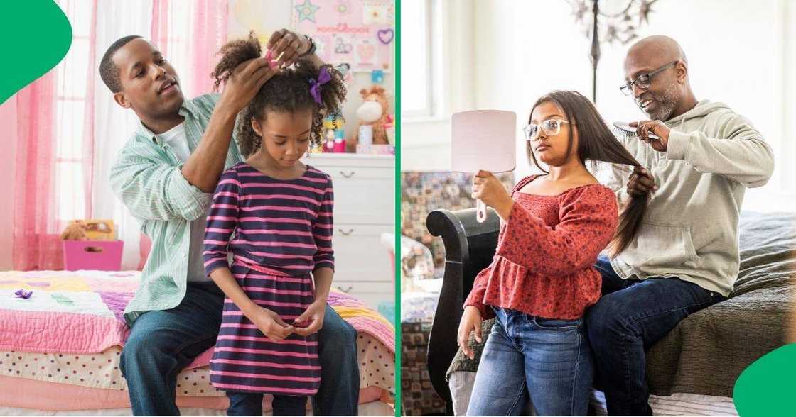 A father adorably made sure that his daughter looked presentable at school. A father adorably made sure that his daughter looked presentable at school.