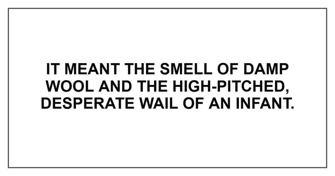 It meant the smell of damp wool and the high-pitched, desperate wail of an infant. It meant the smell of damp wool and the high-pitched, desperate wail of an infant.