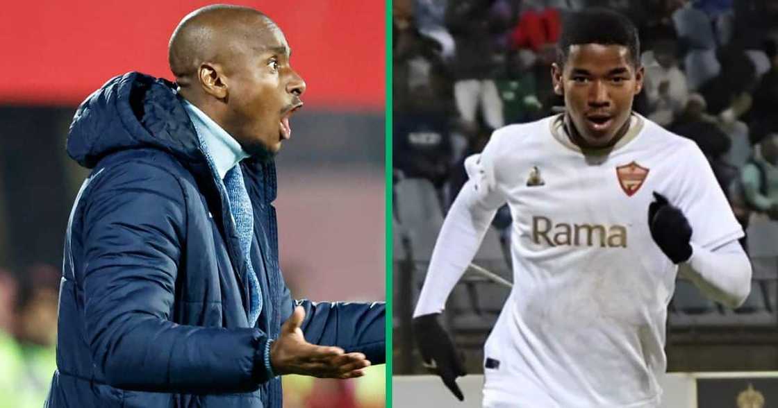 Mamelodi Sundowns coach Rhulani Mokwena and Stellenbosch FC player Jayden Adams Mamelodi Sundowns coach Rhulani Mokwena and Stellenbosch FC player Jayden Adams