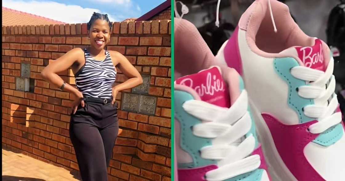 A TikTok video shows a lady unveiling shoes. A TikTok video shows a lady unveiling shoes.