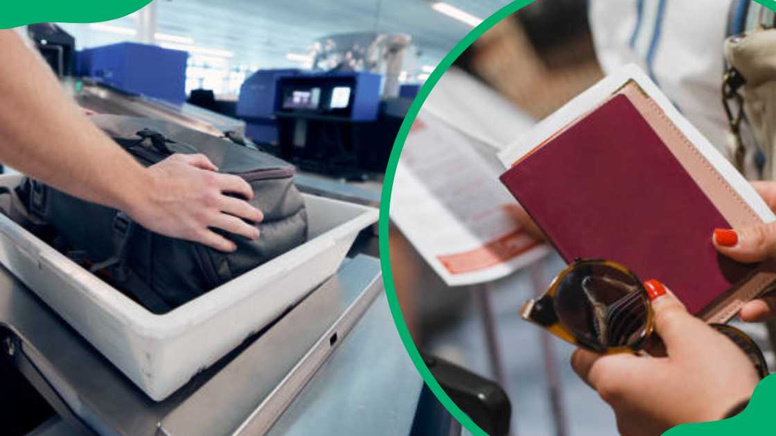 Travellers at an airport security check Travellers at an airport security check