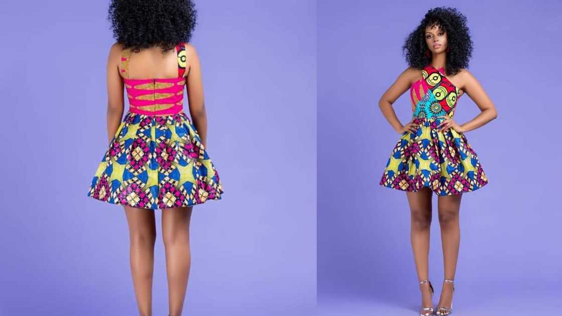Vibrant fabric mix with strappy neckline Vibrant fabric mix with strappy neckline