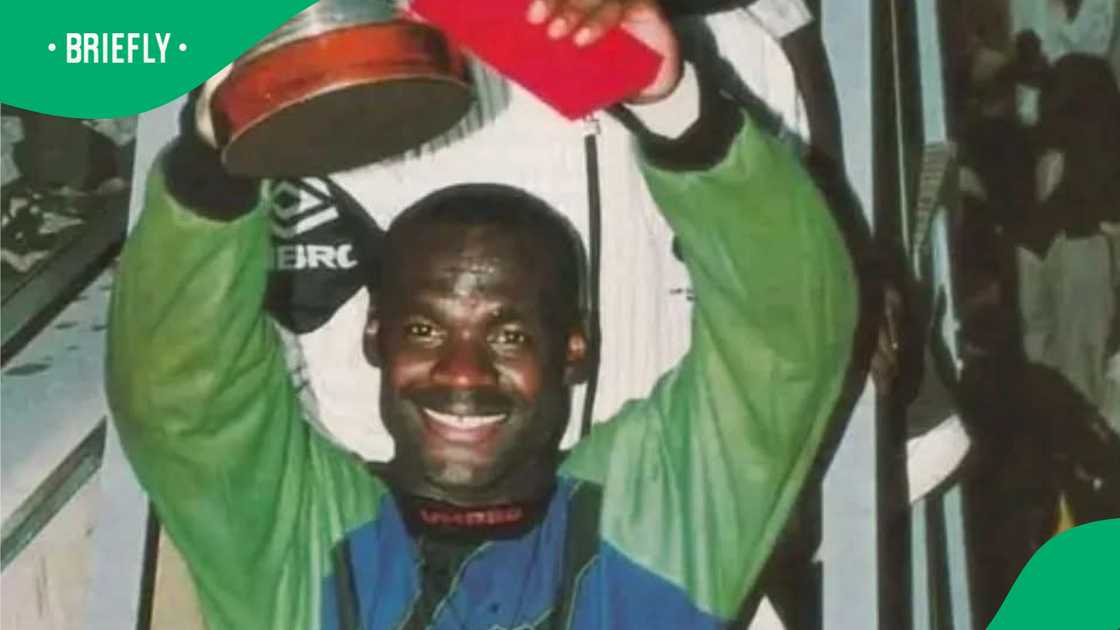 William Okpara poses in his Orlando Pirates goalkeeper kit.. William Okpara poses in his Orlando Pirates goalkeeper kit..