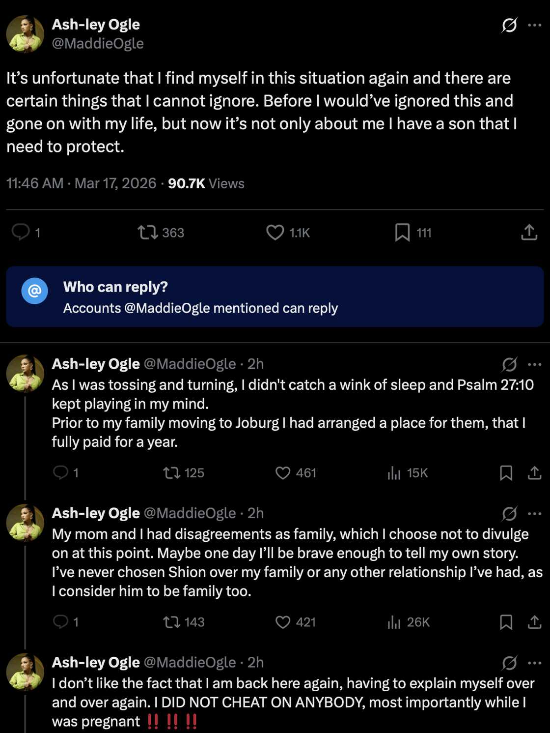 Ashley Ogle broke her silence to address her mother online