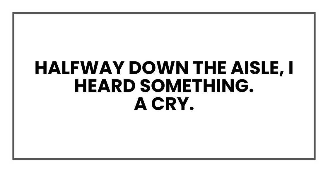 Halfway down the aisle, I heard something.
A cry. Halfway down the aisle, I heard something.
A cry.