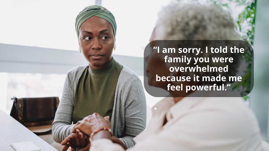 A senior woman apologising for her wrong judgement A senior woman apologising for her wrong judgement