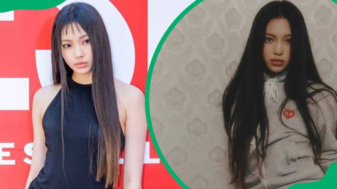 Hyein standing against a red and white background (L). The dancer sitting against a patterned wallpaper (R)