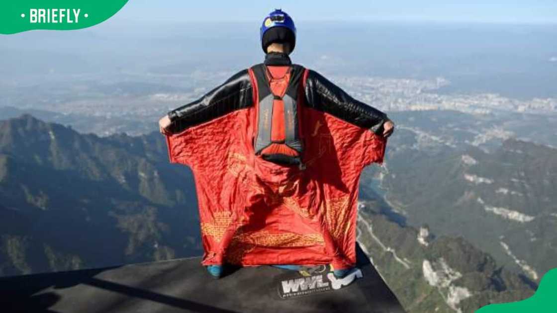 An athlete taking flight in a wingsuit