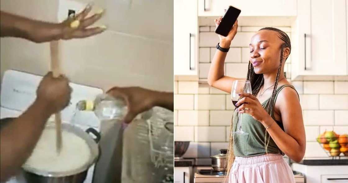 Alcohol in pap, woman in kitchen Alcohol in pap, woman in kitchen