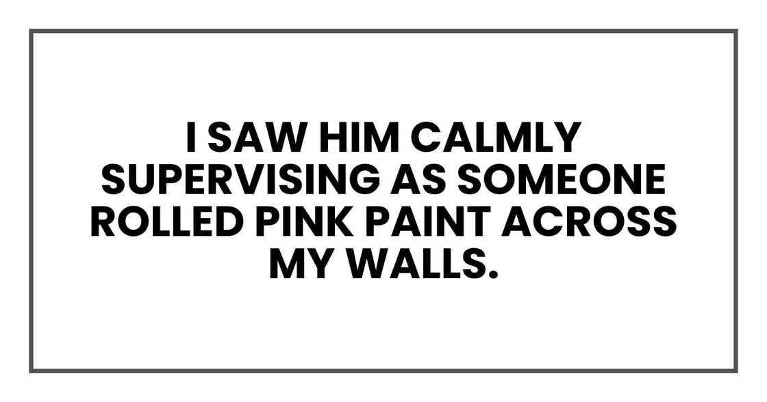 I saw him calmly supervising as someone rolled pink paint across my walls. I saw him calmly supervising as someone rolled pink paint across my walls.