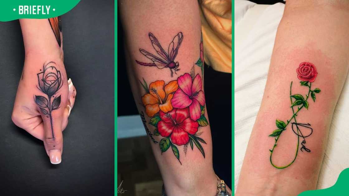 Thumb (L), dragonfly (C), and Infinity flower tattoos (R) Thumb (L), dragonfly (C), and Infinity flower tattoos (R)