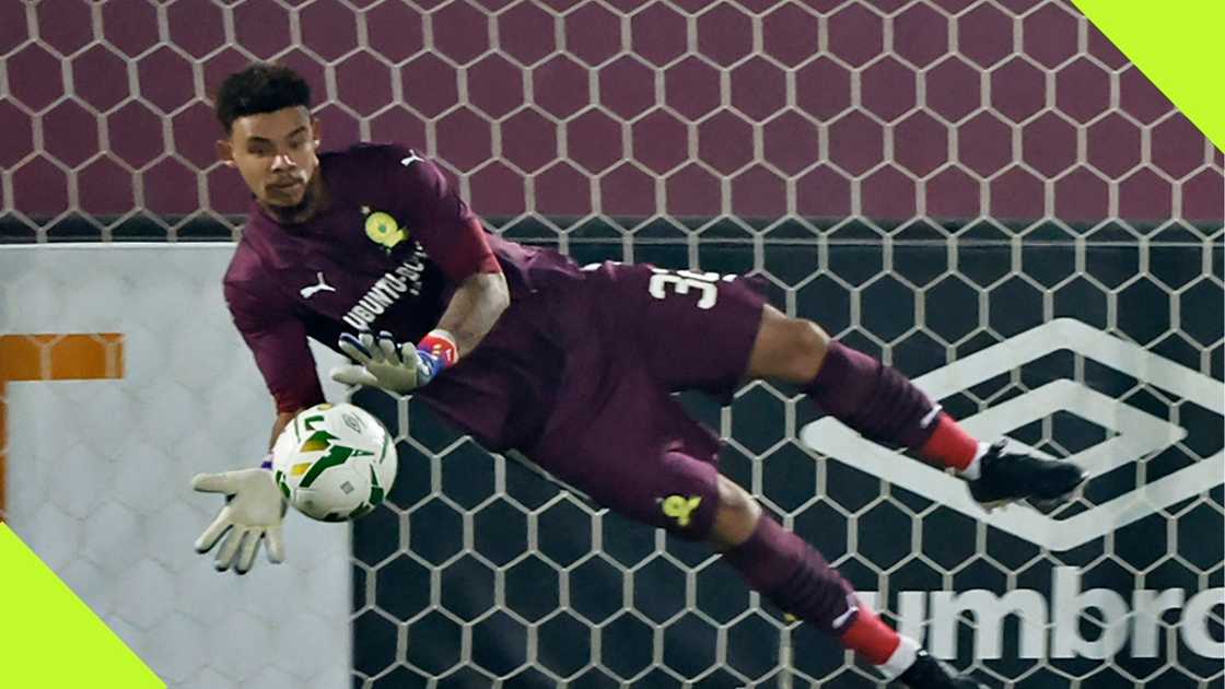 Ronwen Williams saves a penalty during Mamelodi Sundowns victory over Marumo Gallants in the Betway Premiership on Tuesday, September 24, 2024. Photo: Khaled Desouki.