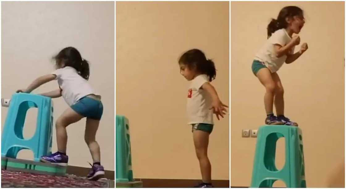 After many failures, a little boy who refused to give up jumped high and stood on a tall stool. After many failures, a little boy who refused to give up jumped high and stood on a tall stool.