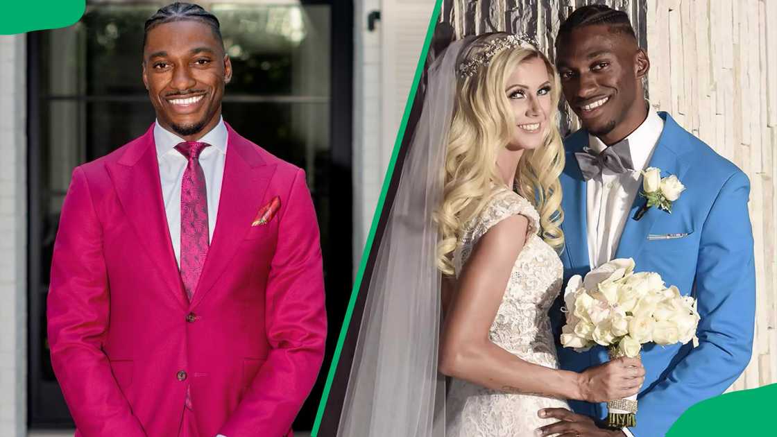 RG3 standing alone in a pink suit and with Grete in a blue suit RG3 standing alone in a pink suit and with Grete in a blue suit