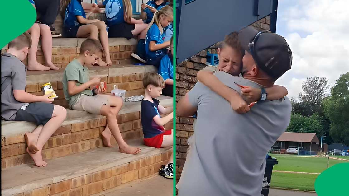 His father works abroad and surprised him by showing up at his school His father works abroad and surprised him by showing up at his school