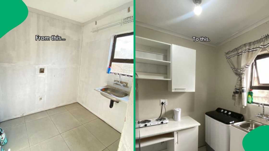 A young woman showed before-and-after pictures of her kitchen. A young woman showed before-and-after pictures of her kitchen.