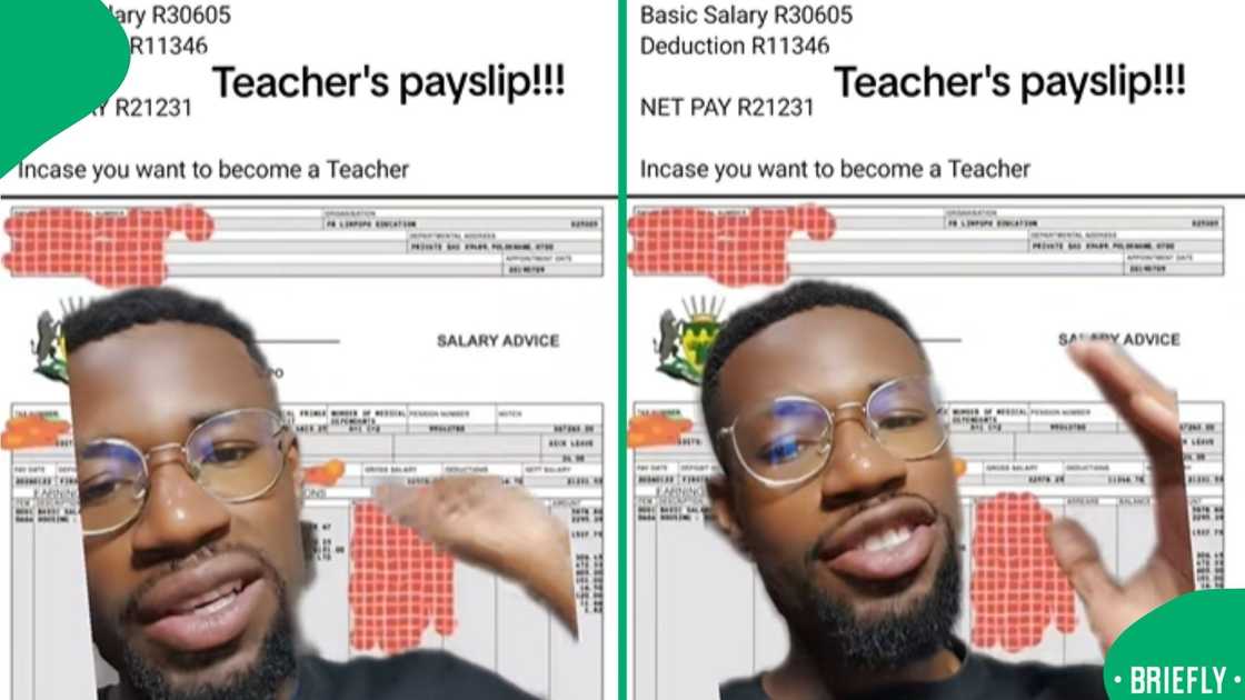 The screenshot on the right showed the teacher's pay slip and earnings