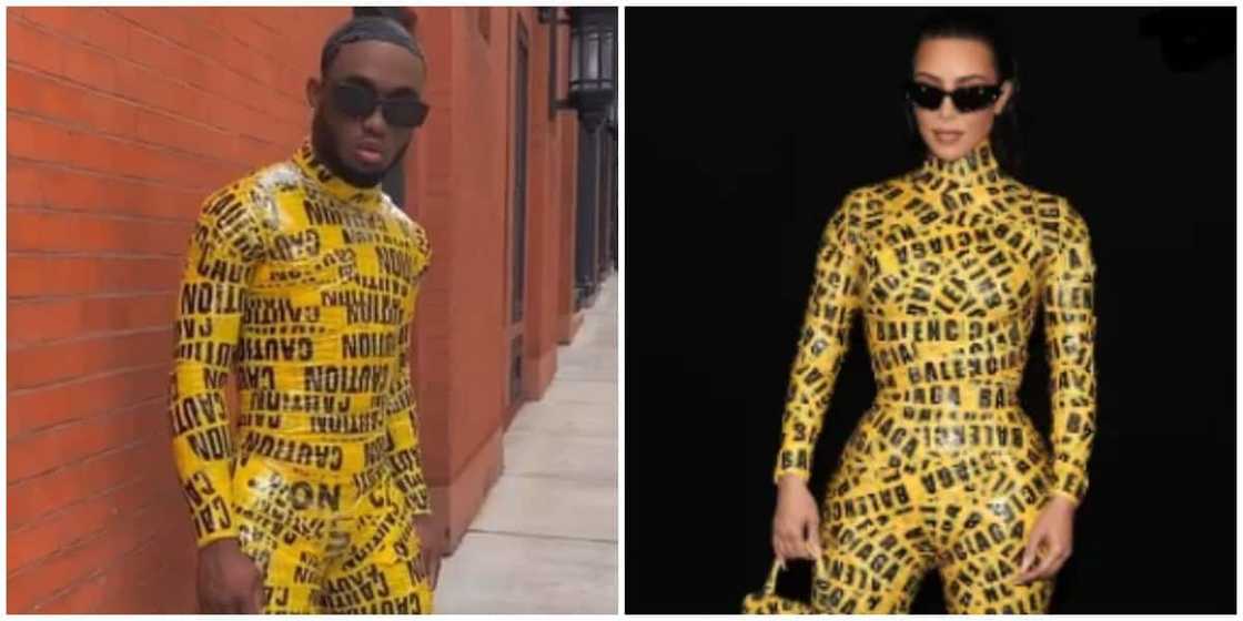Photos of a man and Kim Kardashian in Yellow Tape Catsuit looks. Photos of a man and Kim Kardashian in Yellow Tape Catsuit looks.
