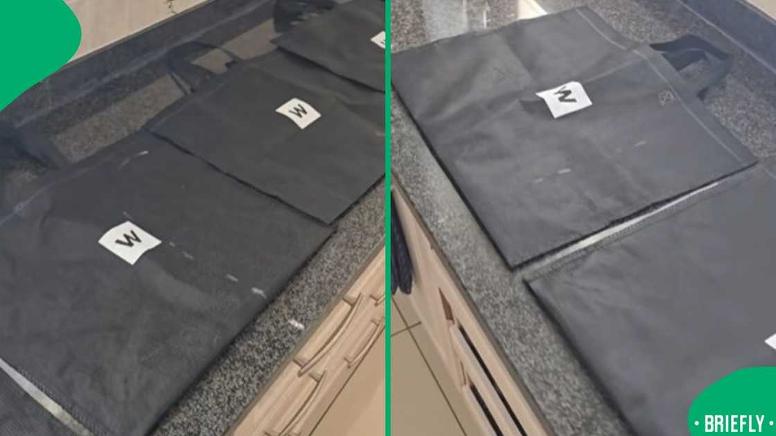 The image on the left showed Woolworths bags lined up on the kitchen counter