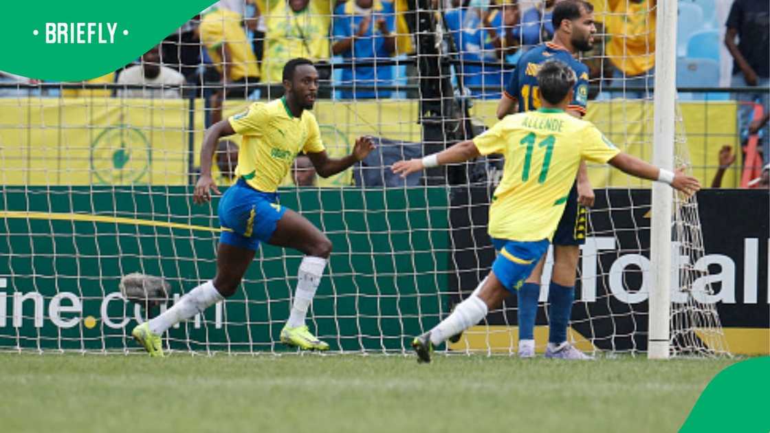 Peter Shalulile jubilates after scoring Mamelodi Sundowns' only goal against Esperance in the CAF Champions League. Peter Shalulile jubilates after scoring Mamelodi Sundowns' only goal against Esperance in the CAF Champions League.