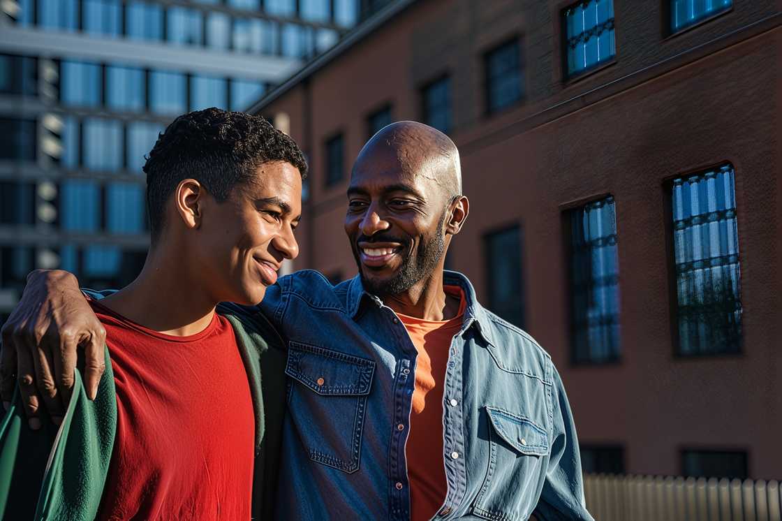 A father walking with his teenage son A father walking with his teenage son